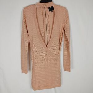 Revolve 'X By NBD Beige Pink Cross Front Choker Bodycon Zip Back Mini Size Mediu